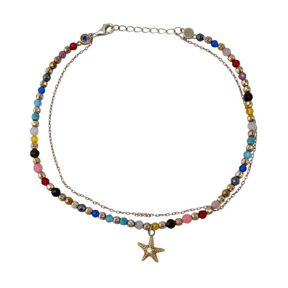 Gemstone Double Strand Gold Tone Starfish Dangle Sterling Silver 925 Anklet - Picture 2 of 8